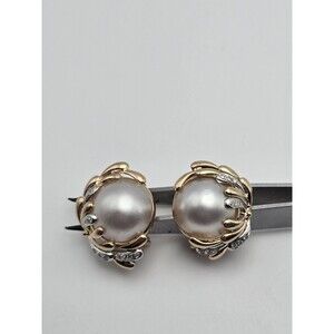 14k Solid Gold Diamond Mabe Pearl Earrings 13g Yellow White Gold Vintage Estate